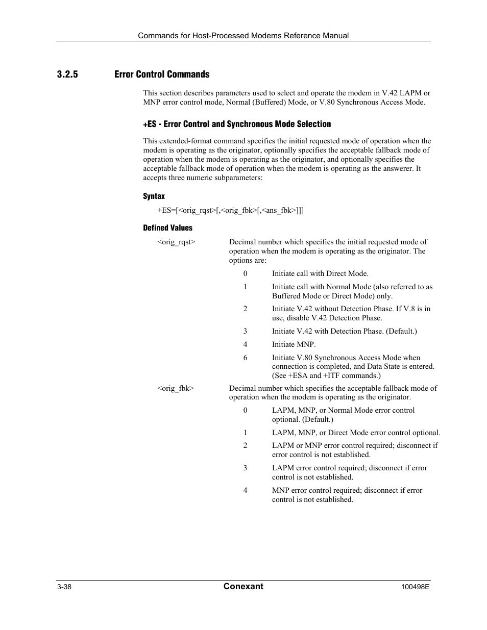 Error control commands, Es - error control and synchronous mode selection, Syntax | Defined values | Longshine LCS-8056C2 User Manual | Page 60 / 162