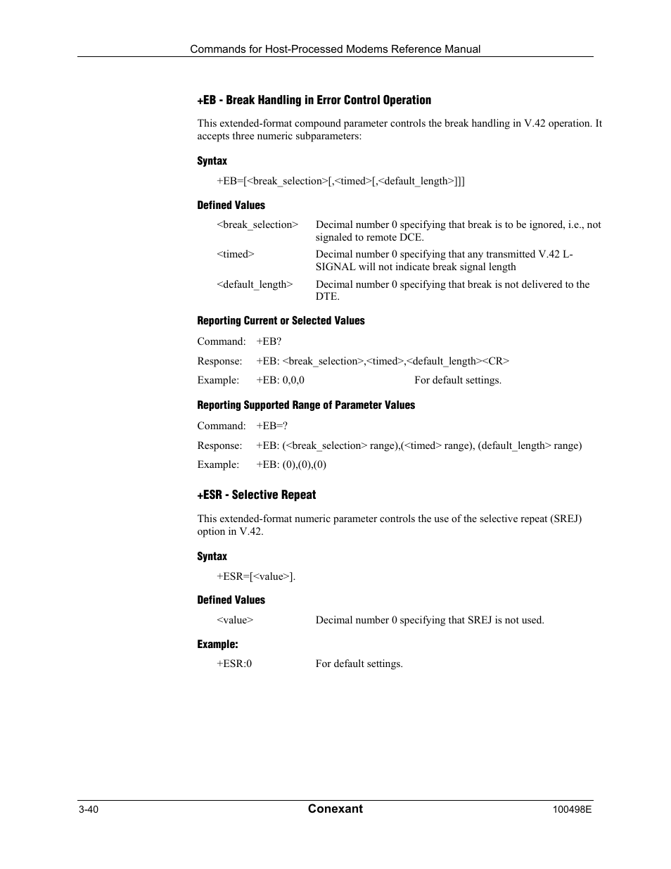 Eb - break handling in error control operation, Syntax, Defined values | Reporting current or selected values, Reporting supported range of parameter values, Esr - selective repeat, Example | Longshine LCS-8056C2 User Manual | Page 62 / 162