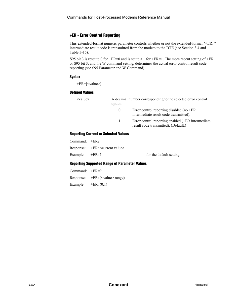 Er - error control reporting, Syntax, Defined values | Reporting current or selected values, Reporting supported range of parameter values | Longshine LCS-8056C2 User Manual | Page 64 / 162