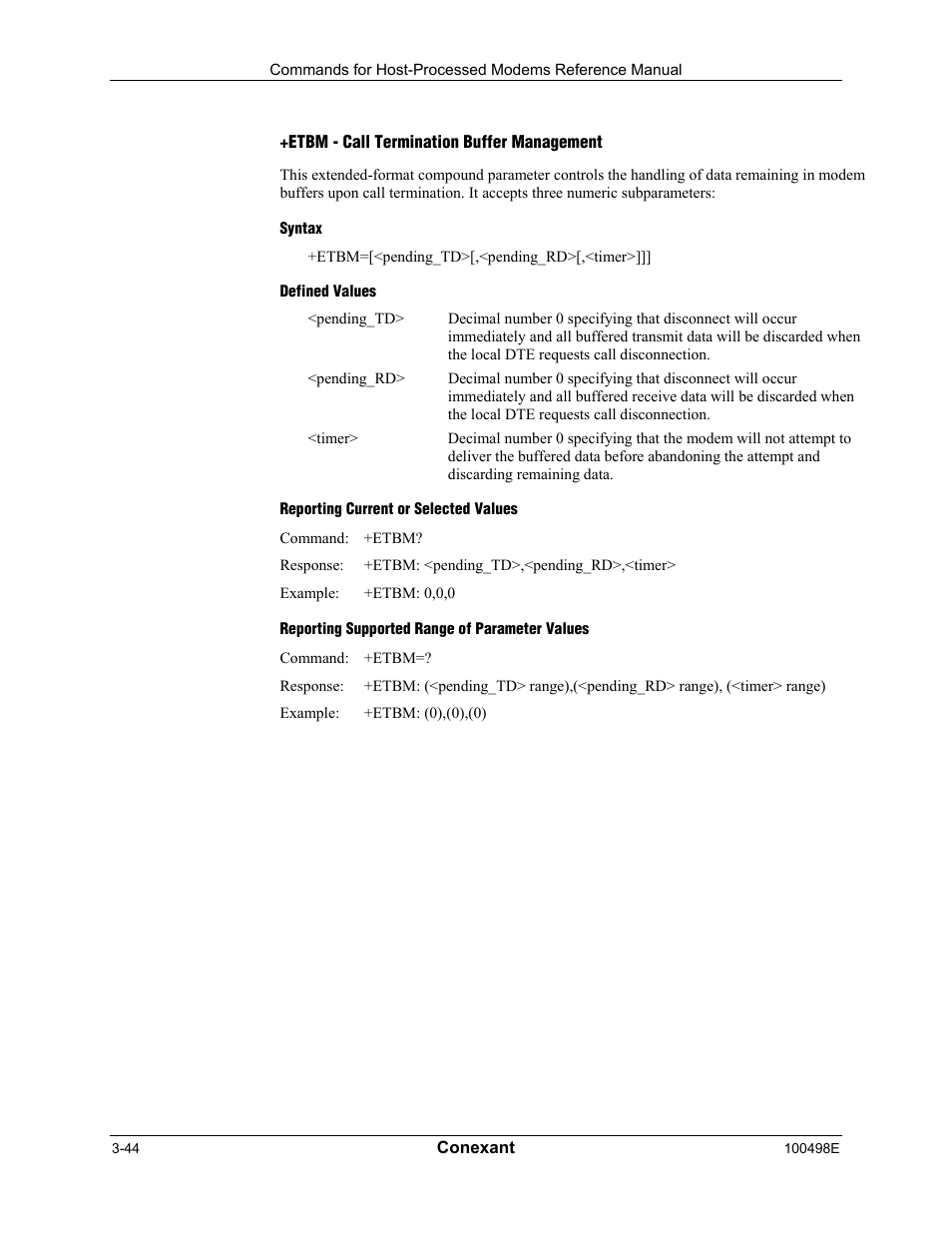 Etbm - call termination buffer management, Syntax, Defined values | Reporting current or selected values, Reporting supported range of parameter values | Longshine LCS-8056C2 User Manual | Page 66 / 162