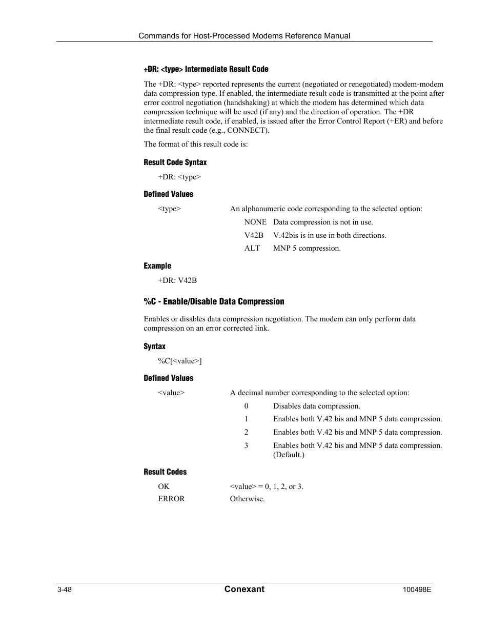 Dr: <type> intermediate result code, Result code syntax, Defined values | Example, C - enable/disable data compression, Syntax, Result codes | Longshine LCS-8056C2 User Manual | Page 70 / 162