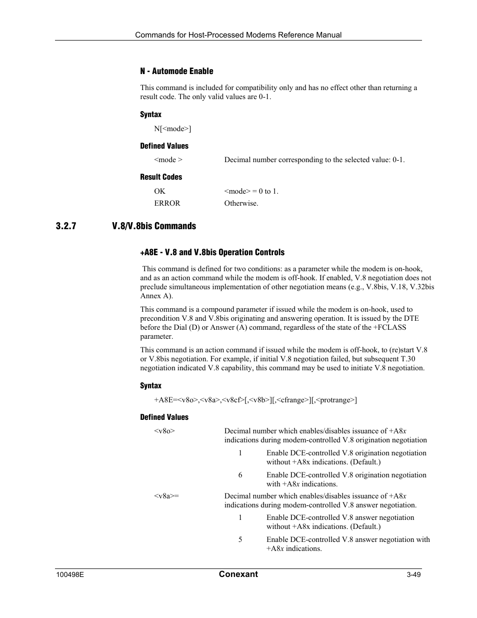 N - automode enable, Syntax, Defined values | Result codes, V.8/v.8bis commands, A8e - v.8 and v.8bis operation controls | Longshine LCS-8056C2 User Manual | Page 71 / 162