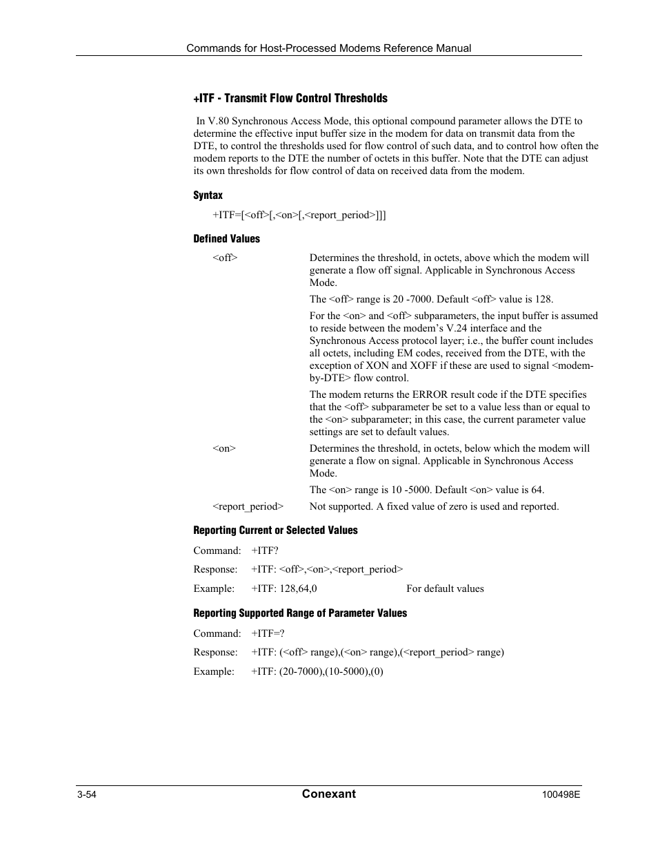 Itf - transmit flow control thresholds, Syntax, Defined values | Reporting current or selected values, Reporting supported range of parameter values | Longshine LCS-8056C2 User Manual | Page 76 / 162