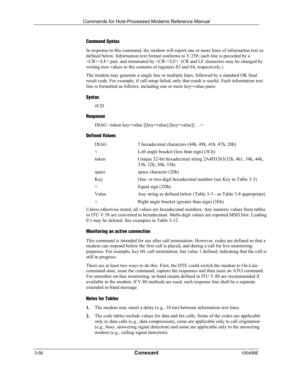 Command syntax, Syntax, Response | Defined values, Monitoring an active connection, Notes for tables | Longshine LCS-8056C2 User Manual | Page 78 / 162