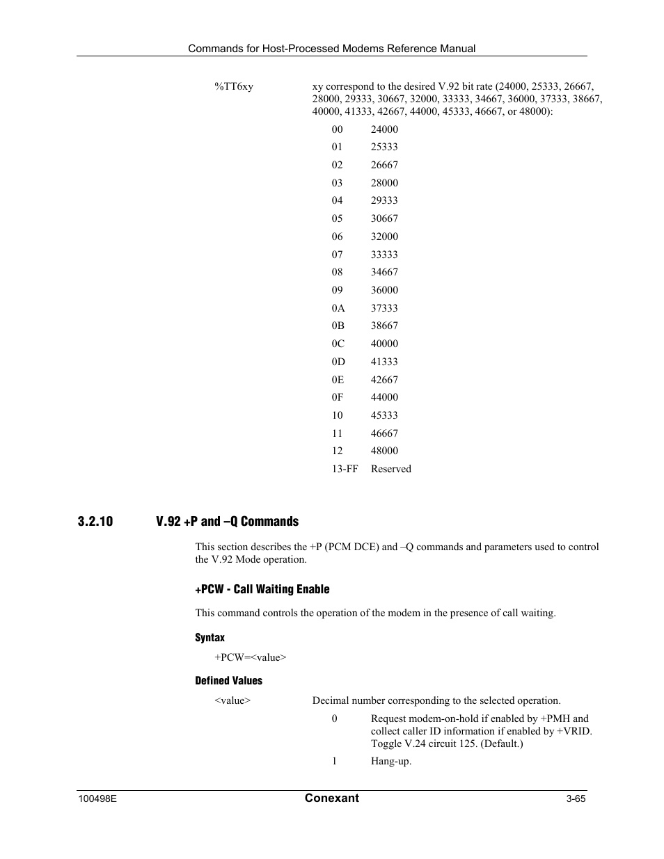 V.92 +p and –q commands, Pcw - call waiting enable, Syntax | Defined values | Longshine LCS-8056C2 User Manual | Page 87 / 162