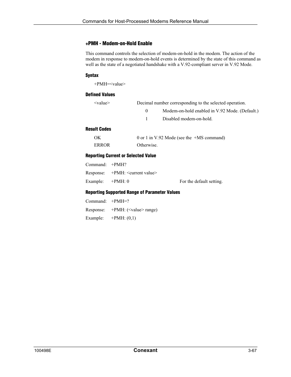 Pmh - modem-on-hold enable, Syntax, Defined values | Result codes, Reporting current or selected value, Reporting supported range of parameter values | Longshine LCS-8056C2 User Manual | Page 89 / 162