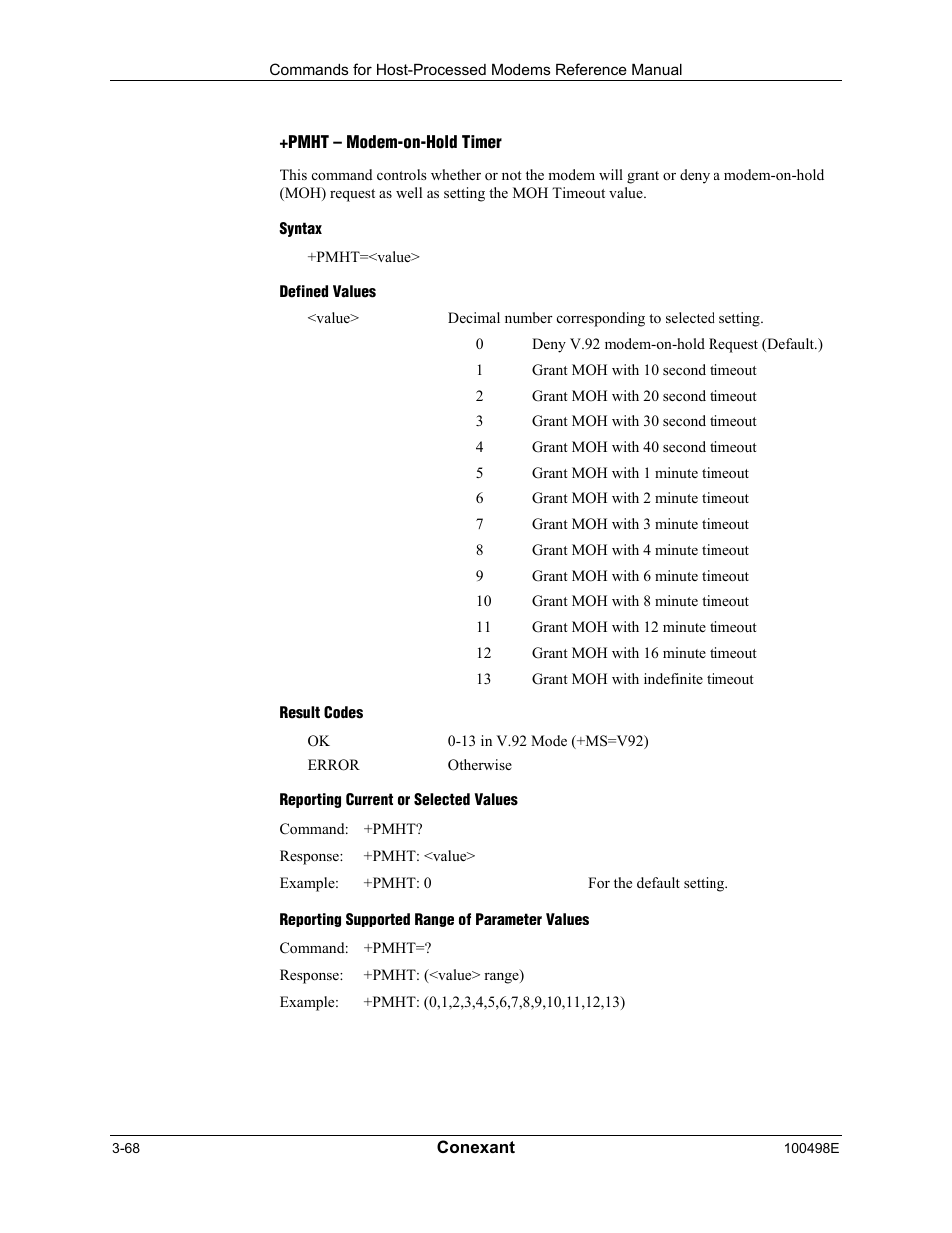 Pmht – modem-on-hold timer, Syntax, Defined values | Result codes, Reporting current or selected values, Reporting supported range of parameter values | Longshine LCS-8056C2 User Manual | Page 90 / 162