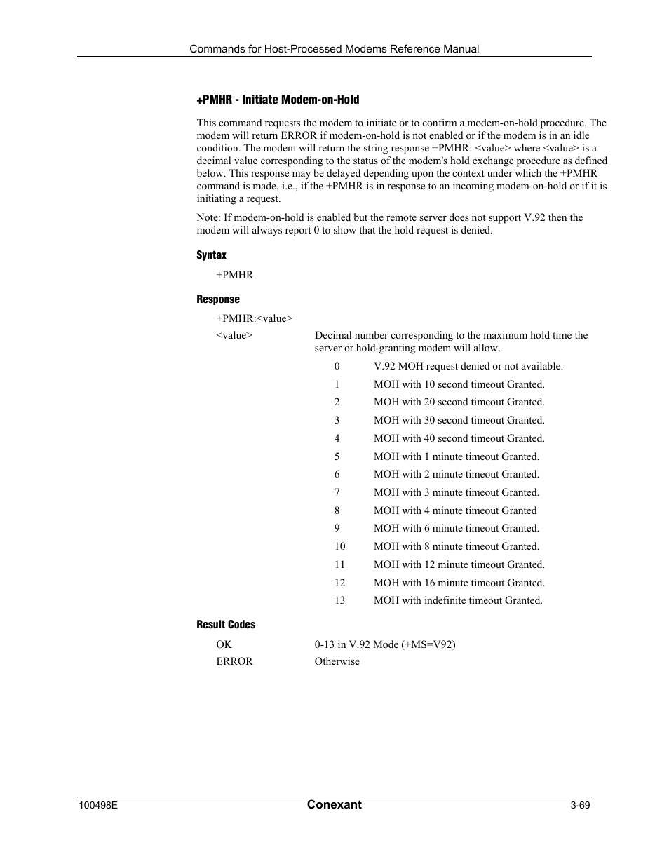 Pmhr - initiate modem-on-hold, Syntax, Response | Result codes | Longshine LCS-8056C2 User Manual | Page 91 / 162