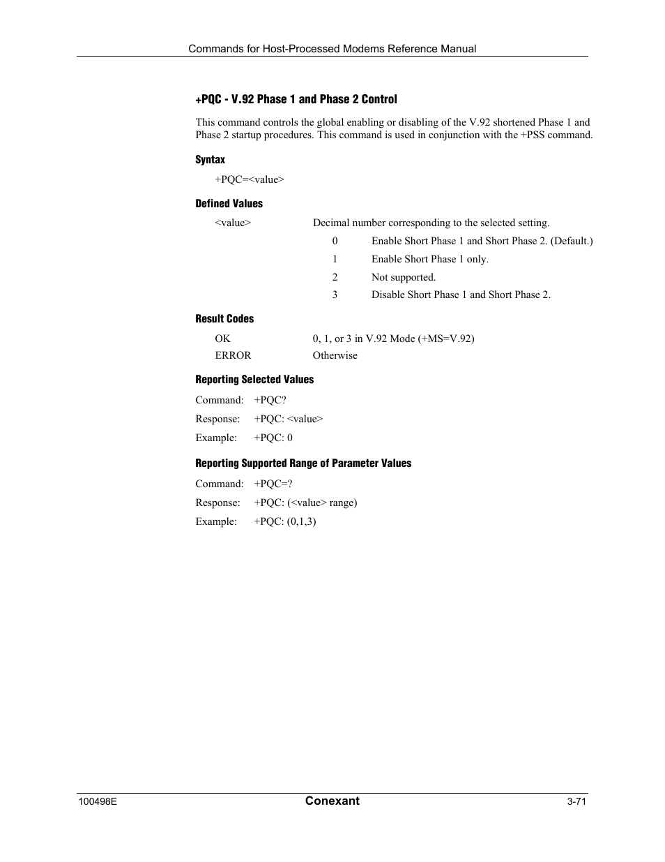 Pqc - v.92 phase 1 and phase 2 control, Syntax, Defined values | Result codes, Reporting selected values, Reporting supported range of parameter values | Longshine LCS-8056C2 User Manual | Page 93 / 162