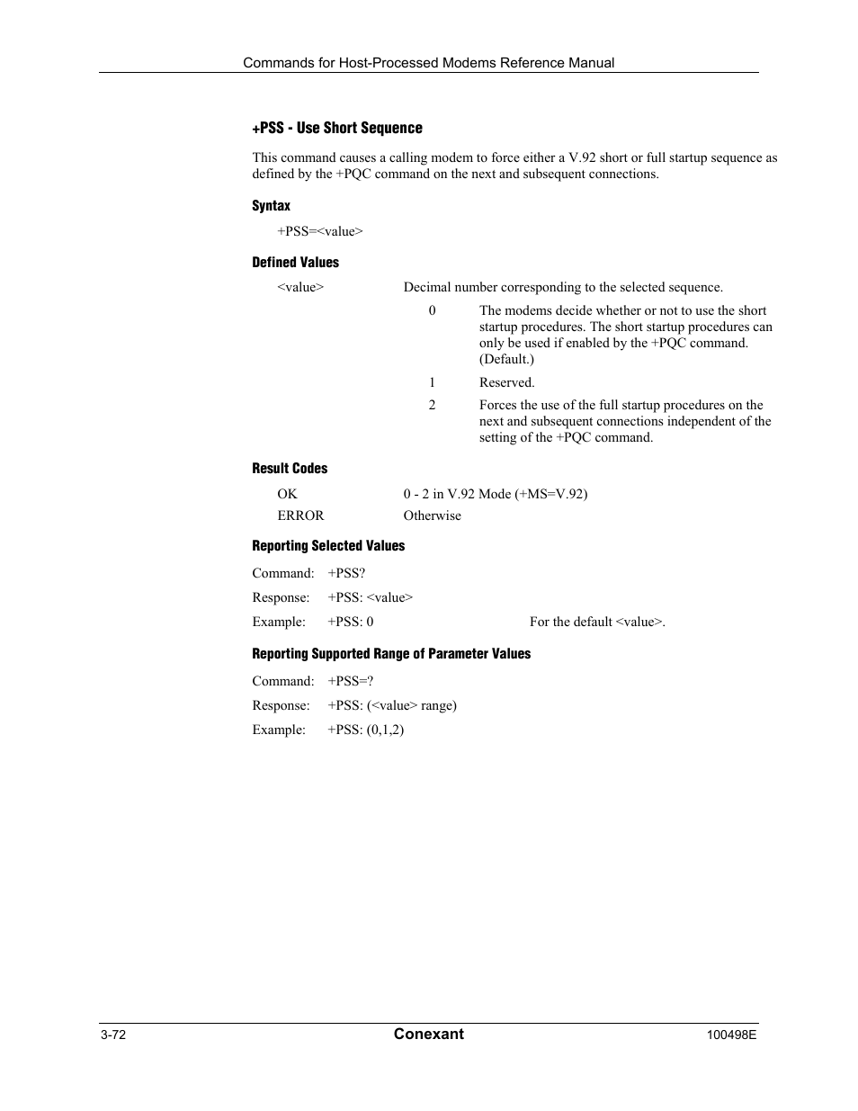 Pss - use short sequence, Syntax, Defined values | Result codes, Reporting selected values, Reporting supported range of parameter values | Longshine LCS-8056C2 User Manual | Page 94 / 162