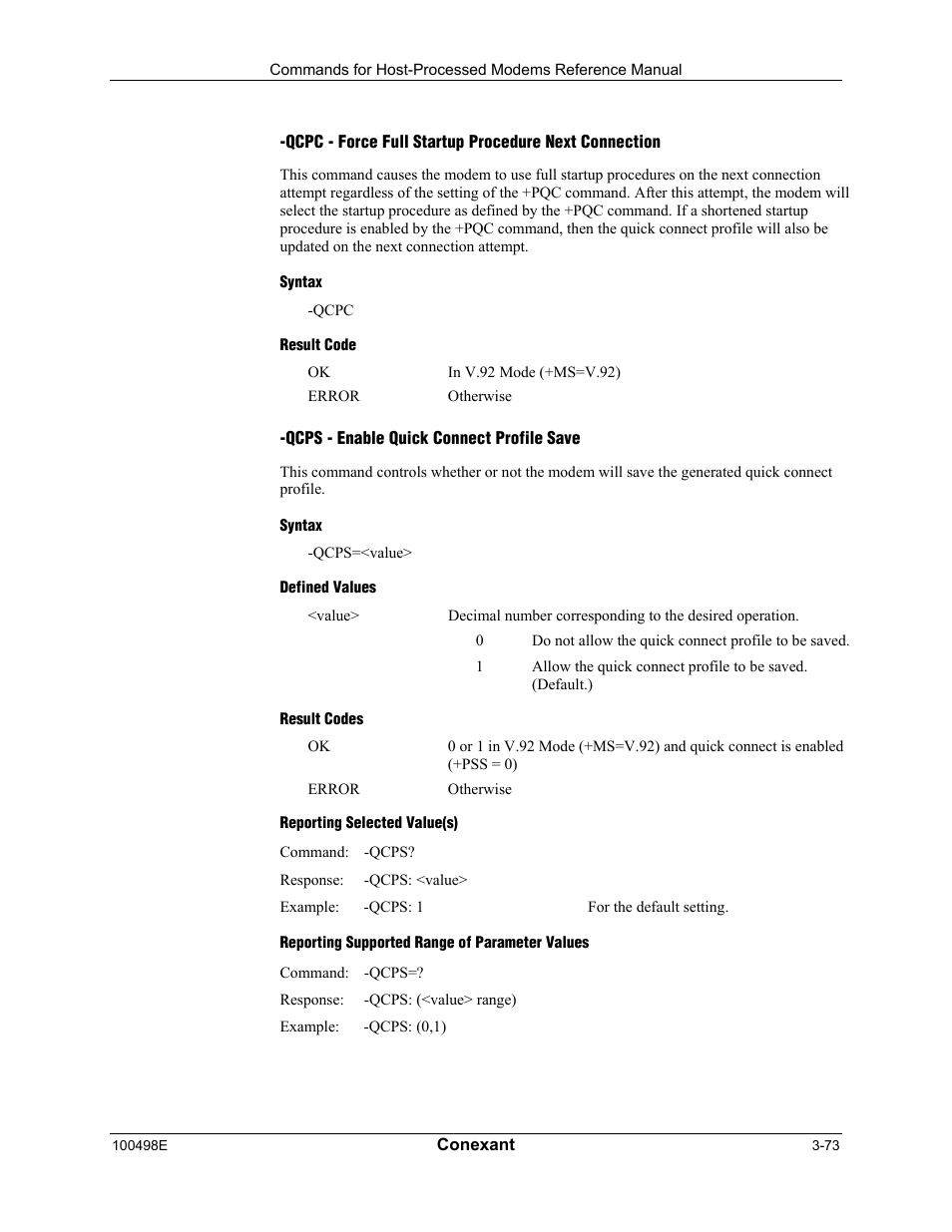 Syntax, Result code, Qcps - enable quick connect profile save | Defined values, Result codes, Reporting selected value(s), Reporting supported range of parameter values | Longshine LCS-8056C2 User Manual | Page 95 / 162