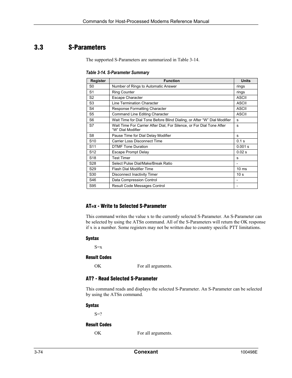 S-parameters, At=x - write to selected s-parameter, Syntax | Result codes, At? - read selected s-parameter, 3 s-parameters, Conexant | Longshine LCS-8056C2 User Manual | Page 96 / 162