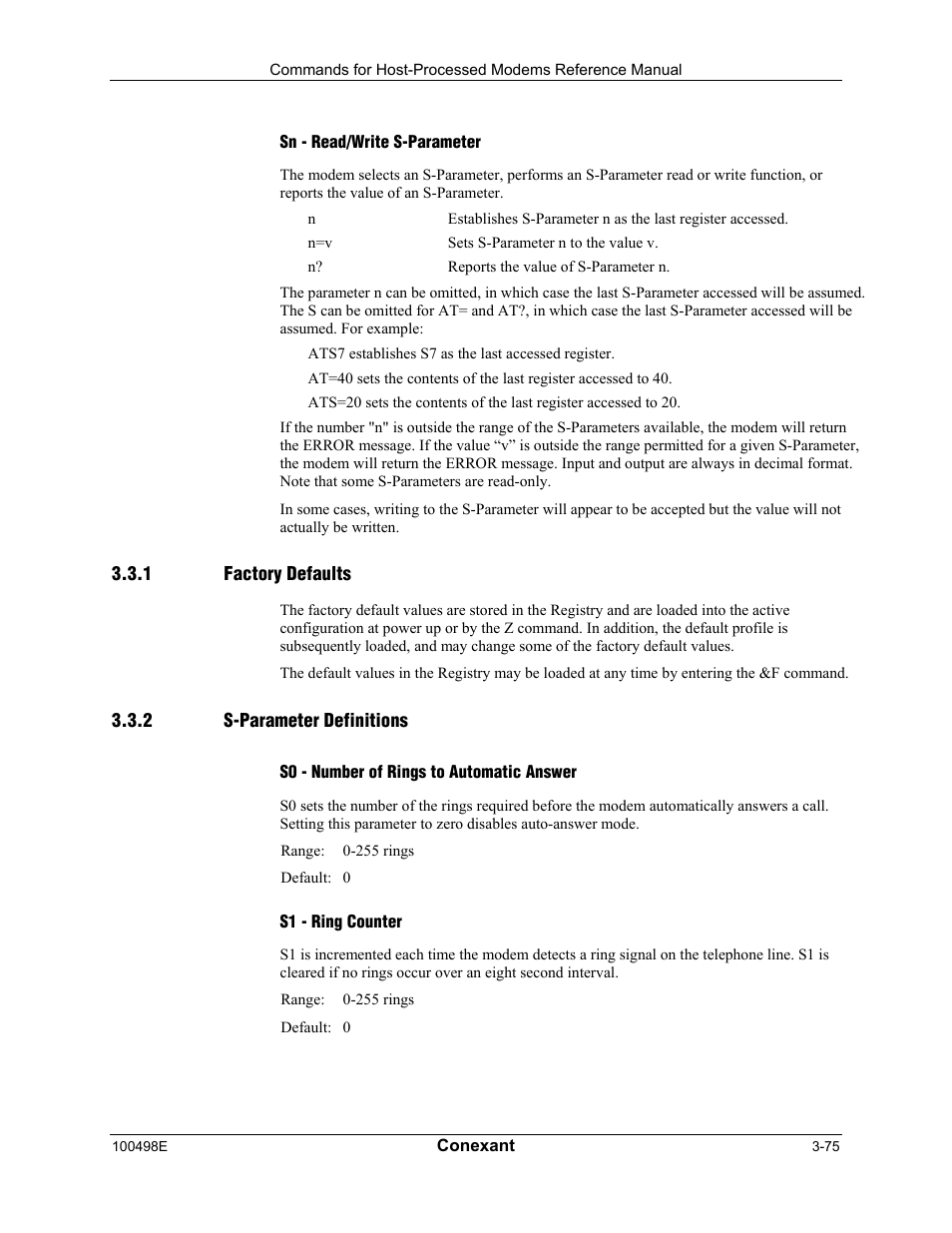 Sn - read/write s-parameter, Factory defaults, S-parameter definitions | S0 - number of rings to automatic answer, S1 - ring counter | Longshine LCS-8056C2 User Manual | Page 97 / 162