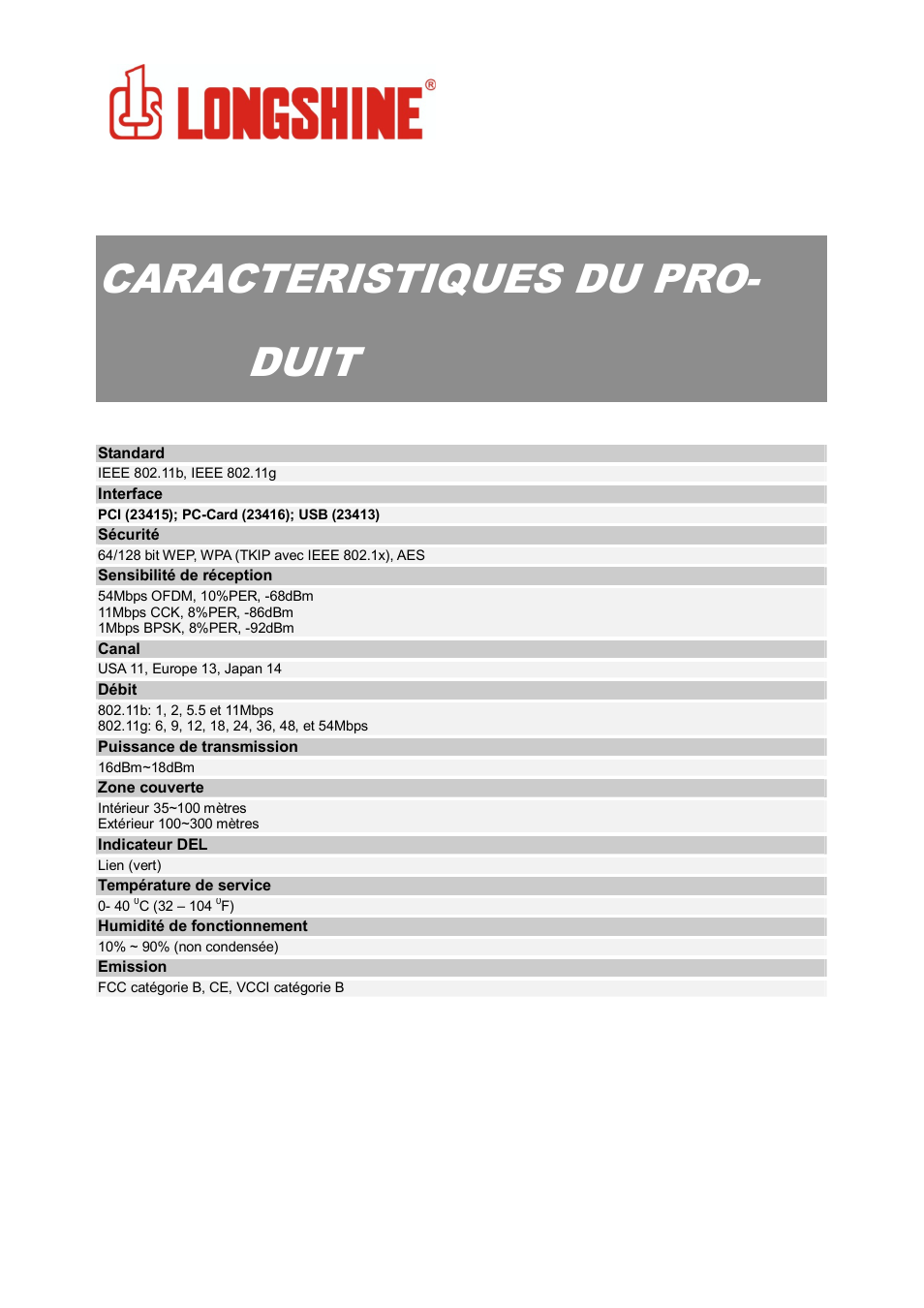 Caracteristiques du pro- duit, Wlan general | Longshine LCS-8131N3 User Manual | Page 105 / 347