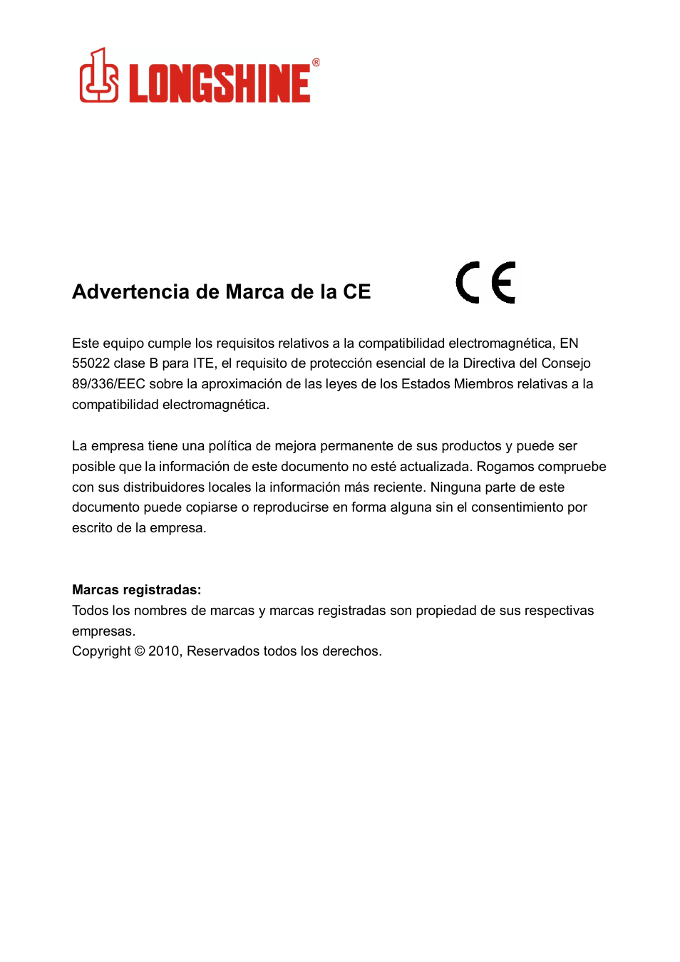 Wlan general, Advertencia de marca de la ce | Longshine LCS-8131N3 User Manual | Page 106 / 347