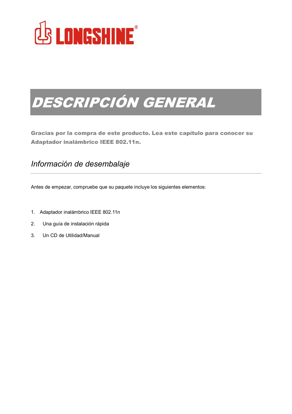 Descripción general, Wlan general, Información de desembalaje | Longshine LCS-8131N3 User Manual | Page 107 / 347