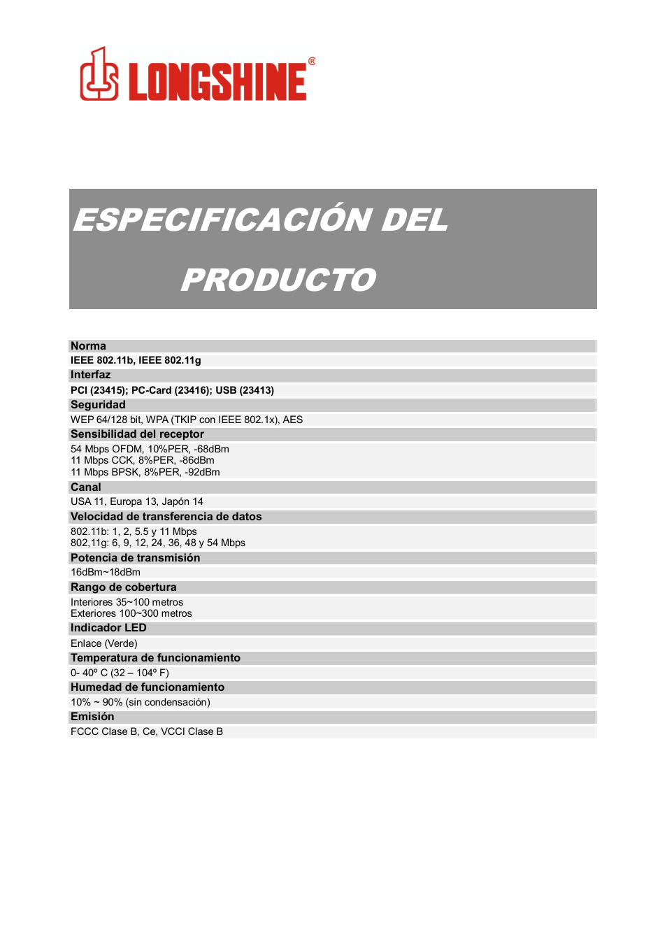 Especificación del producto, Wlan general | Longshine LCS-8131N3 User Manual | Page 139 / 347