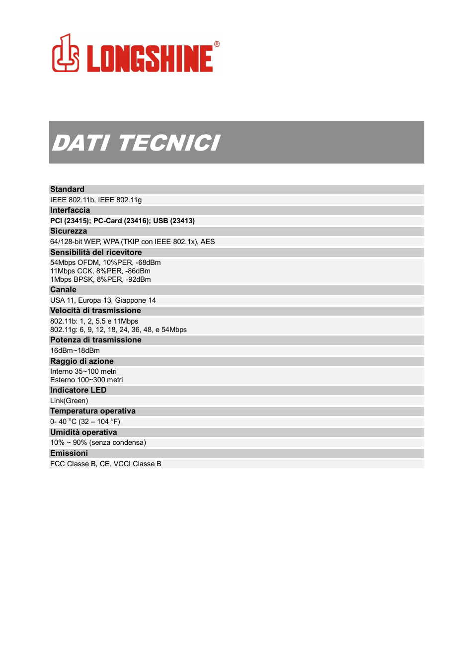 Dati tecnici, Wlan general | Longshine LCS-8131N3 User Manual | Page 174 / 347