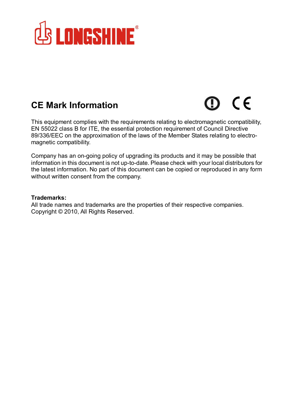Wlan general, Ce mark information | Longshine LCS-8131N3 User Manual | Page 2 / 347