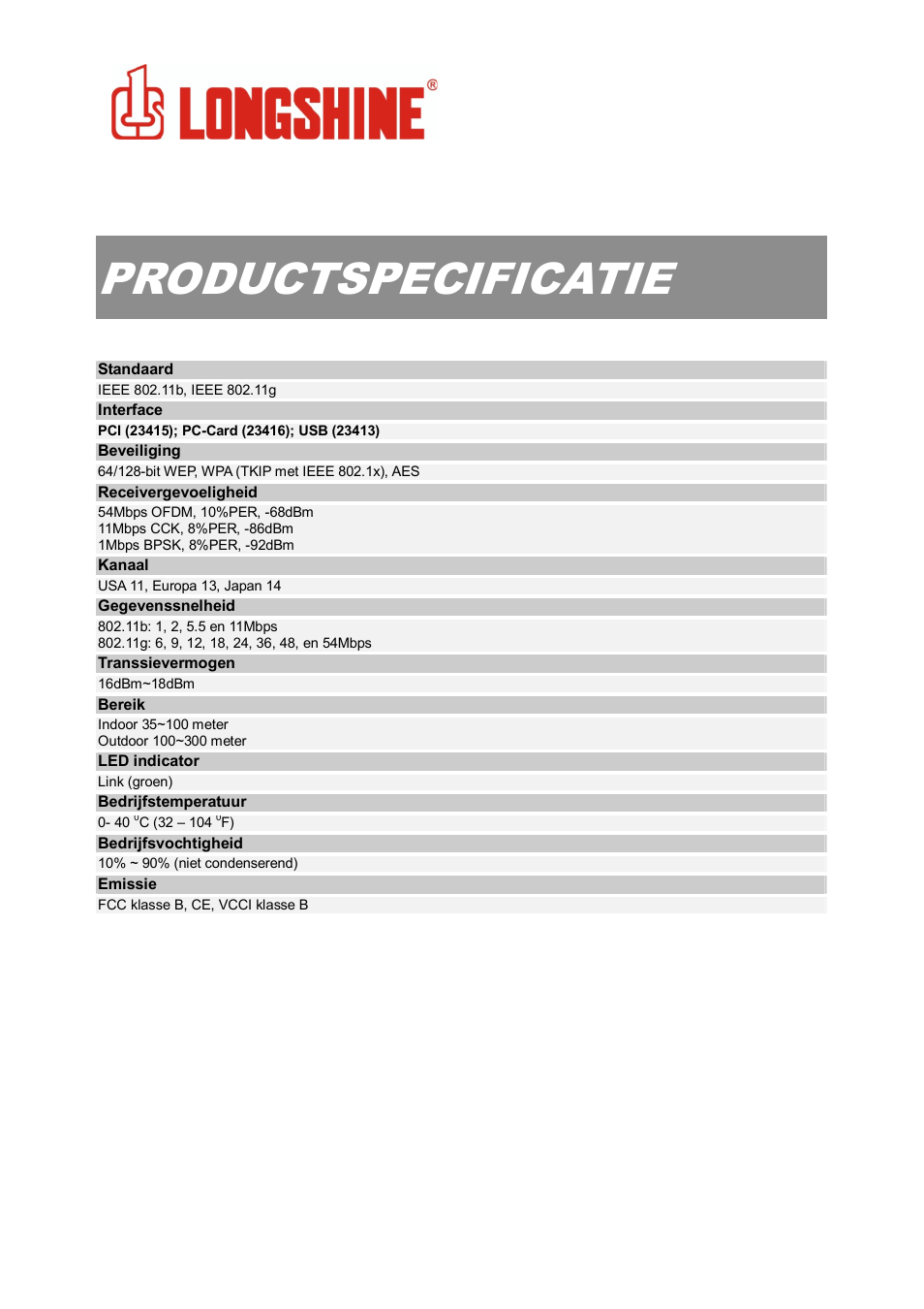 Productspecificatie, Wlan general | Longshine LCS-8131N3 User Manual | Page 209 / 347