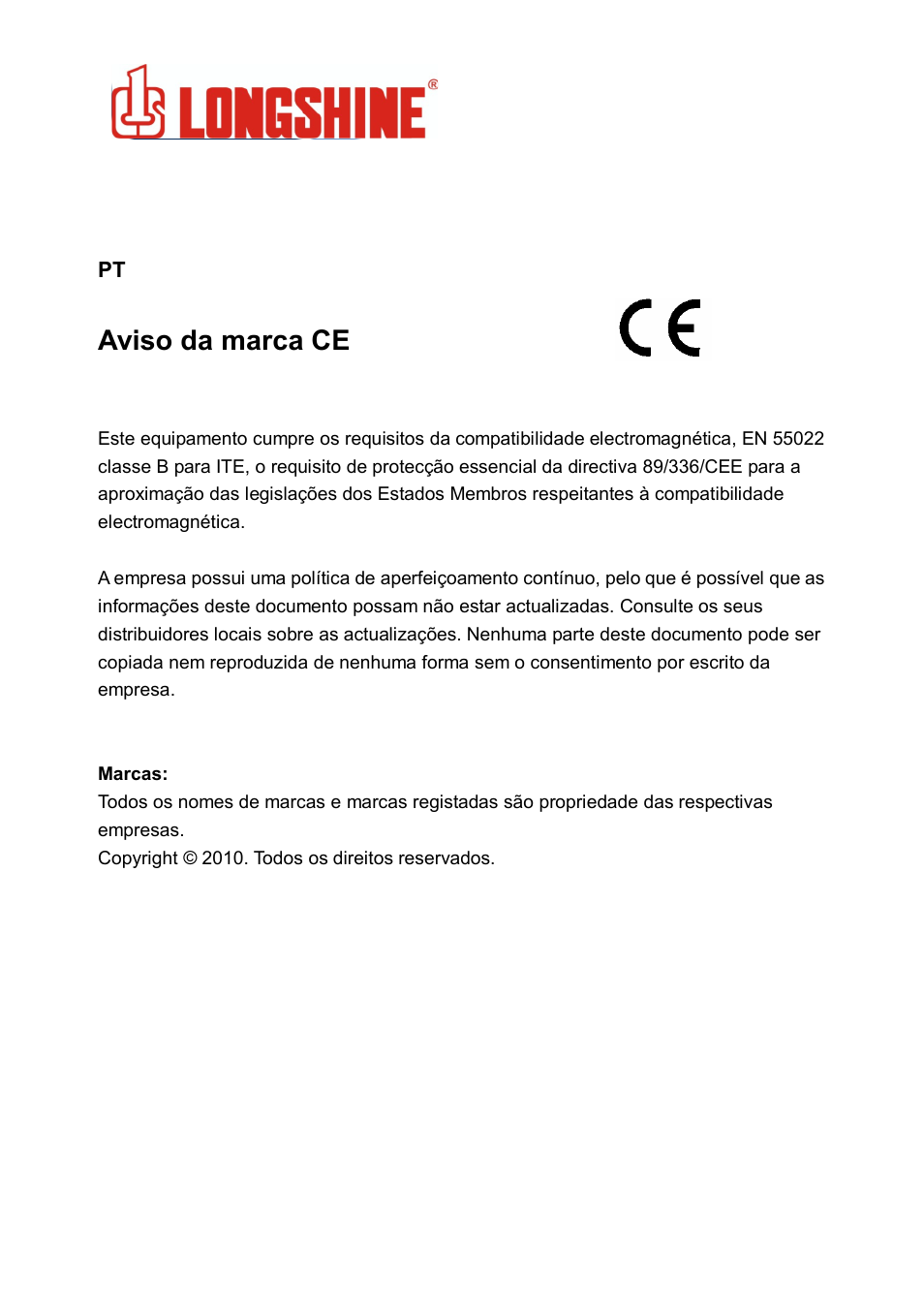 Wlan general, Aviso da marca ce | Longshine LCS-8131N3 User Manual | Page 210 / 347