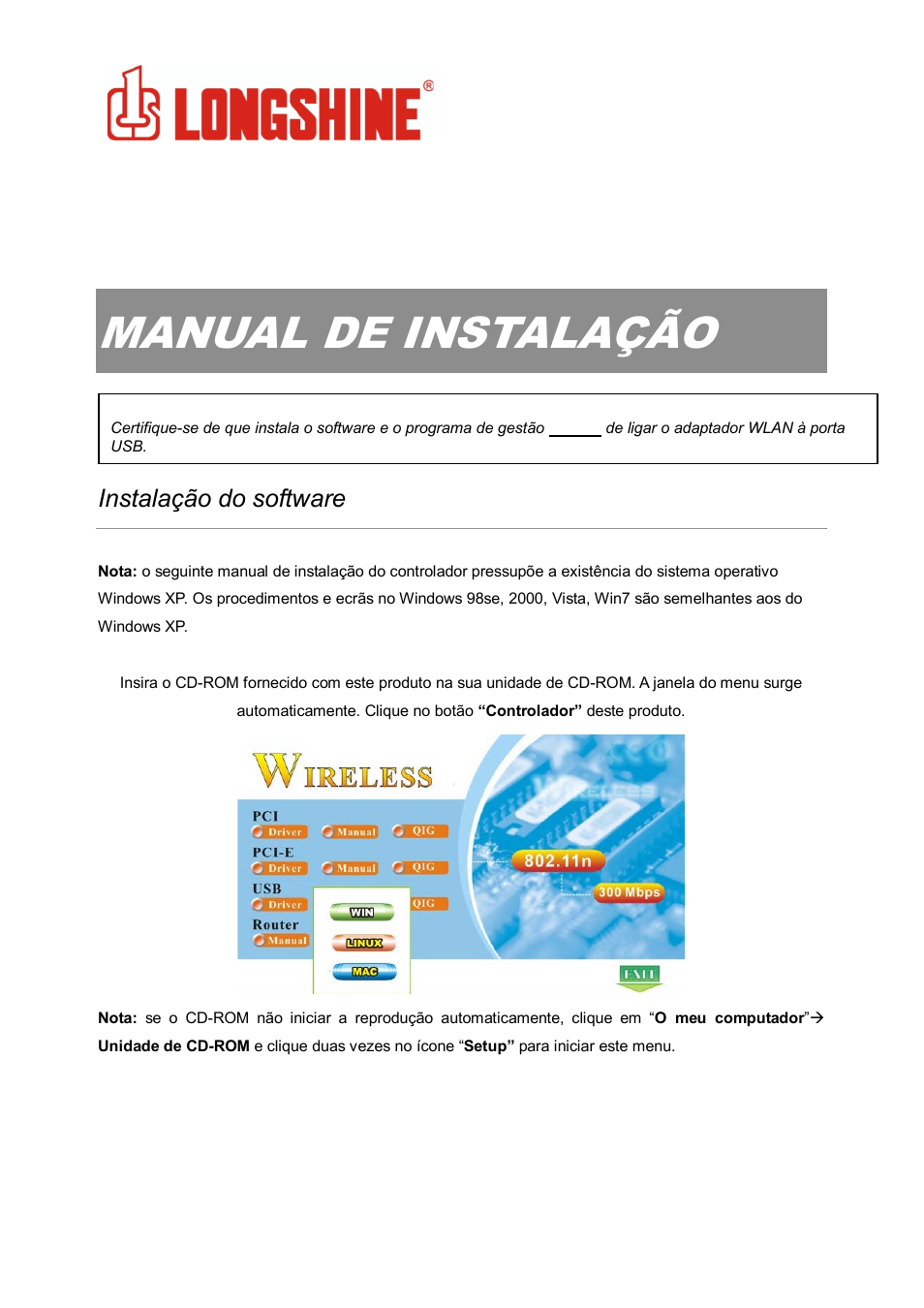 Manual de instalação, Wlan general, Instalação do software | Longshine LCS-8131N3 User Manual | Page 214 / 347