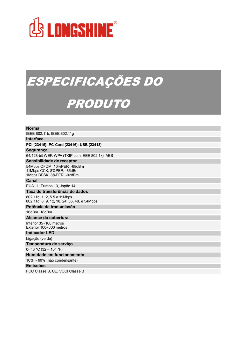 Especificações do produto, Wlan general | Longshine LCS-8131N3 User Manual | Page 242 / 347