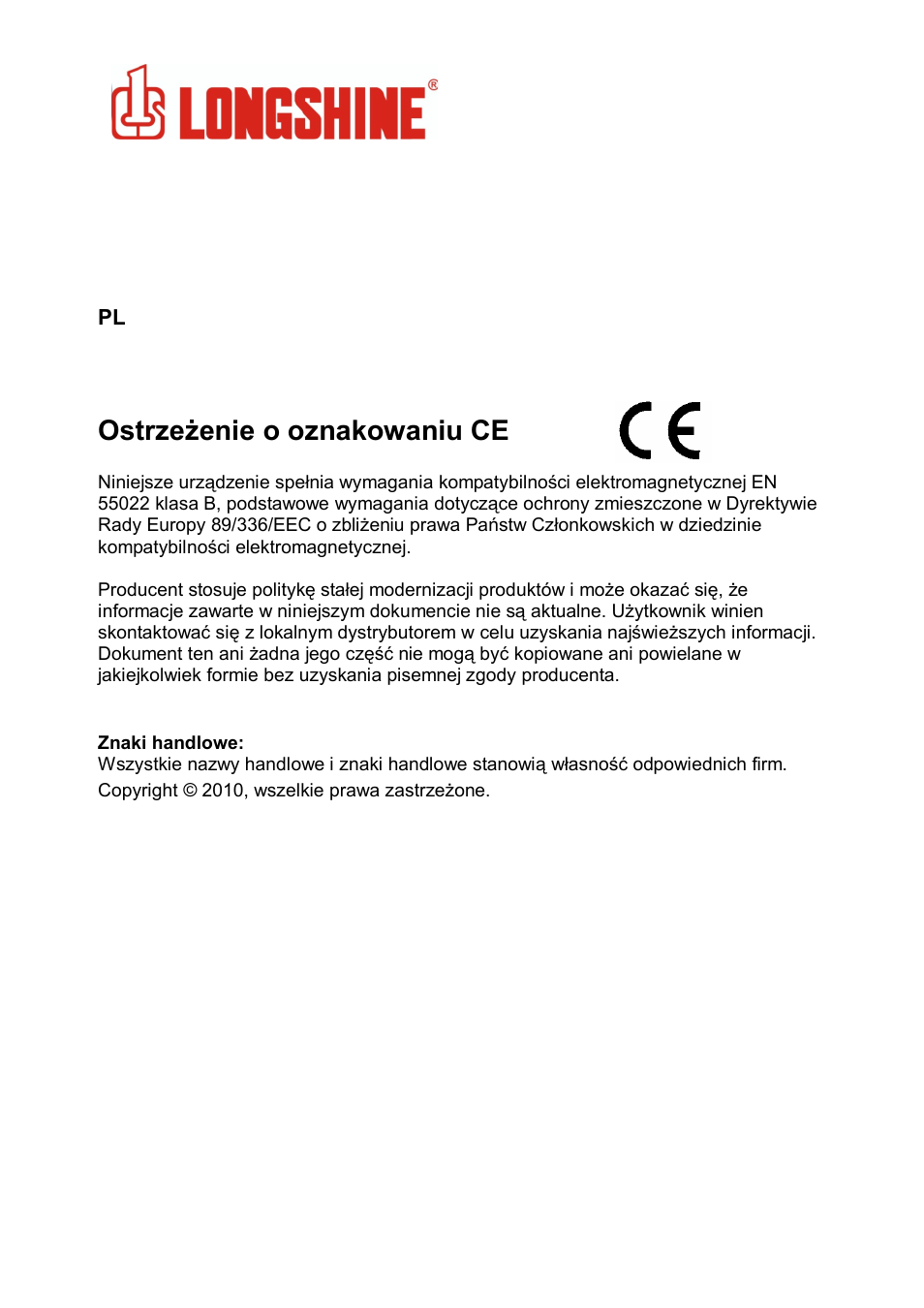 Wlan general, Ostrzeżenie o oznakowaniu ce | Longshine LCS-8131N3 User Manual | Page 243 / 347