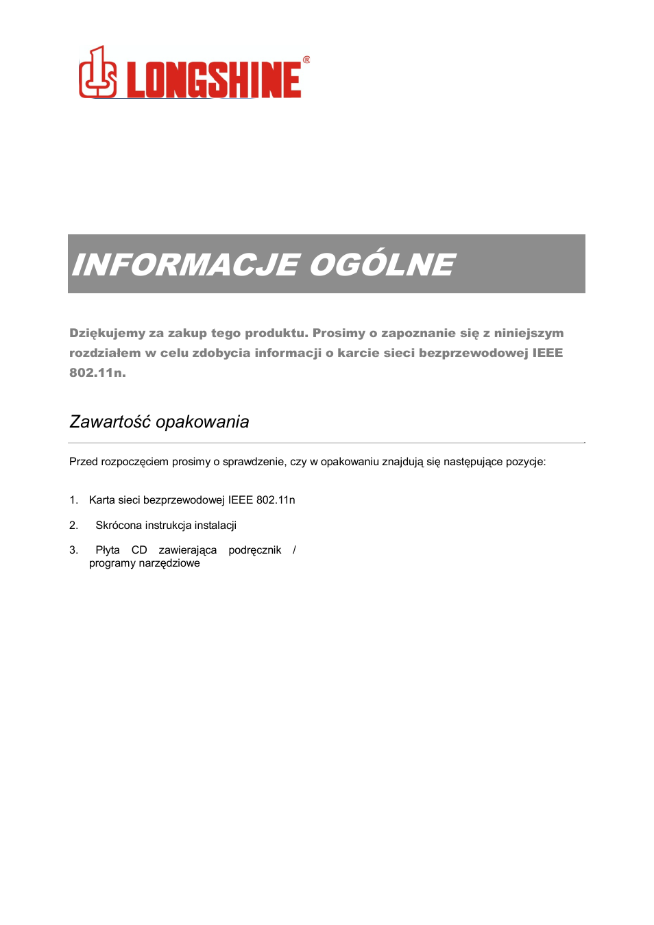 Informacje ogólne, Wlan general, Zawartość opakowania | Longshine LCS-8131N3 User Manual | Page 244 / 347