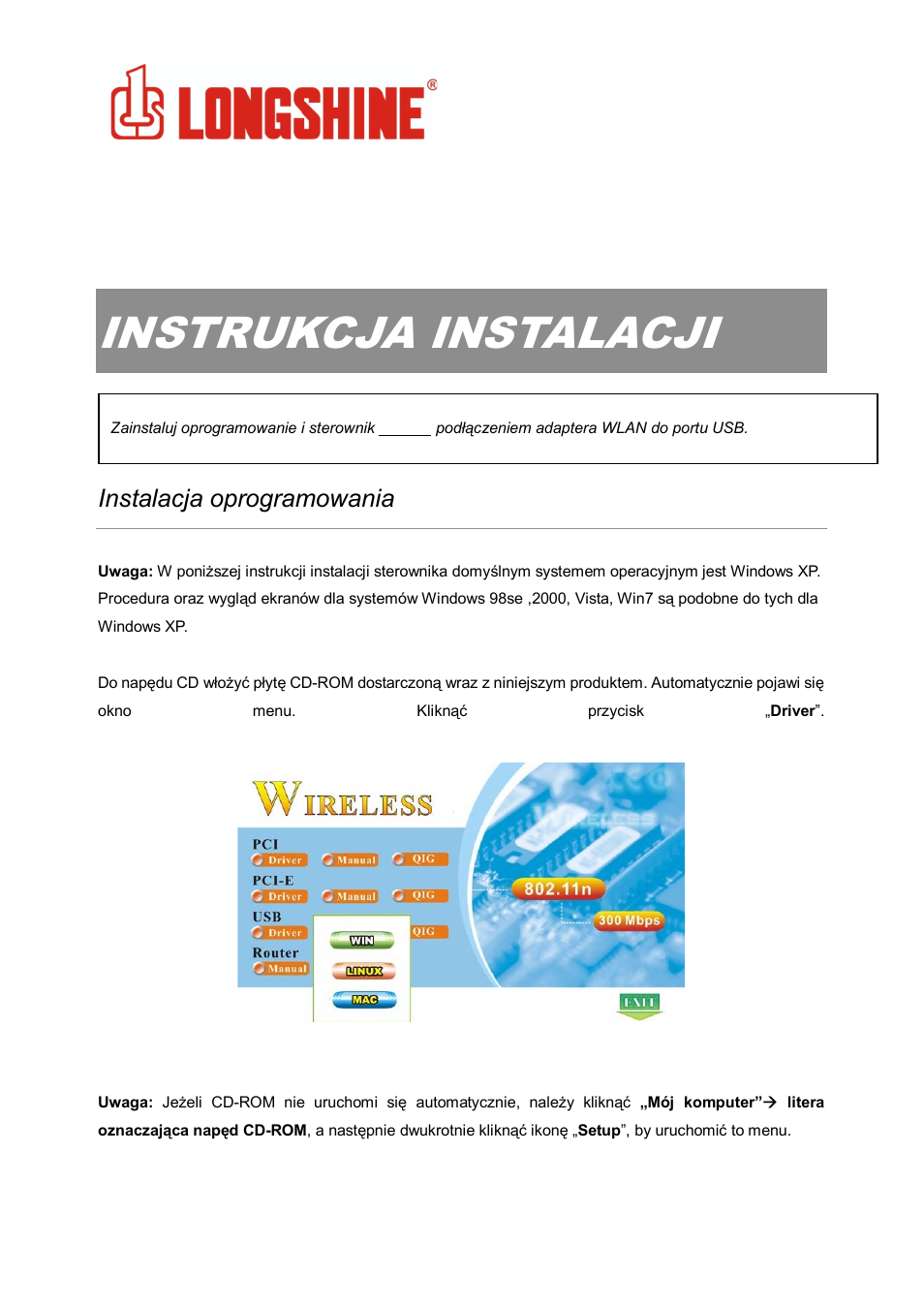 Instrukcja instalacji, Wlan general, Instalacja oprogramowania | Longshine LCS-8131N3 User Manual | Page 247 / 347