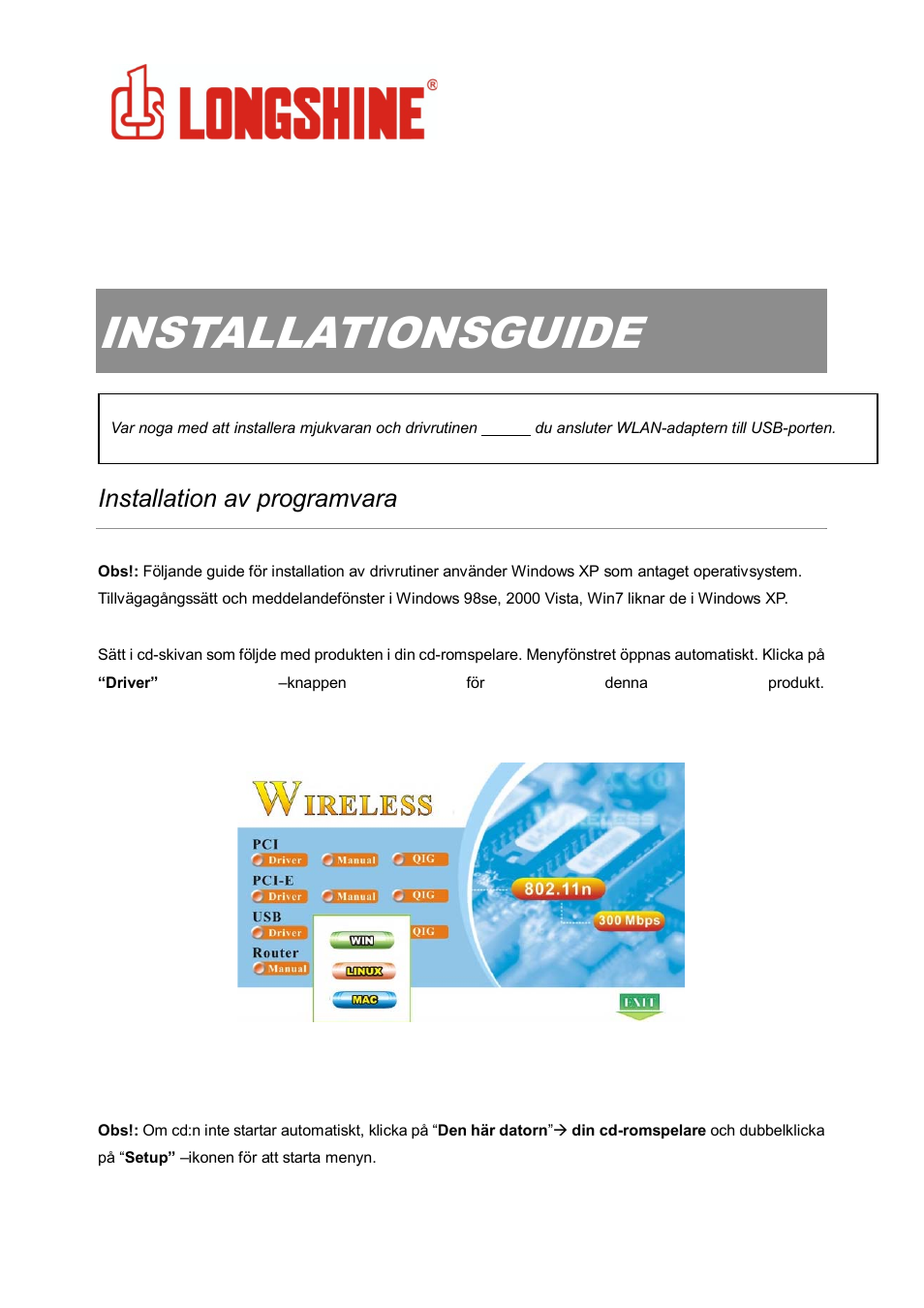 Installationsguide, Wlan general, Installation av programvara | Longshine LCS-8131N3 User Manual | Page 282 / 347