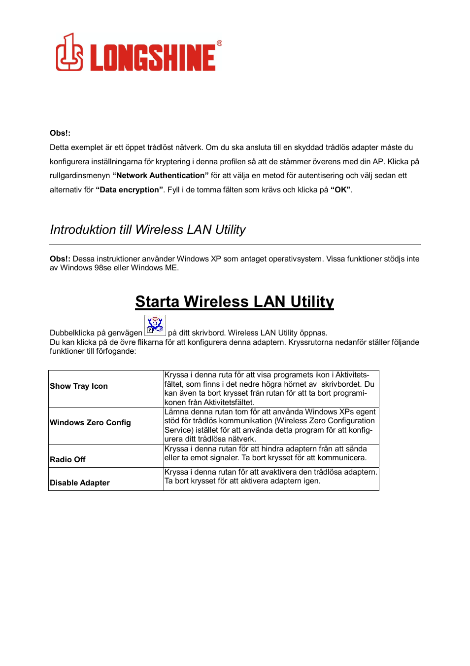 Starta wireless lan utility, Wlan general, Introduktion till wireless lan utility | Longshine LCS-8131N3 User Manual | Page 292 / 347