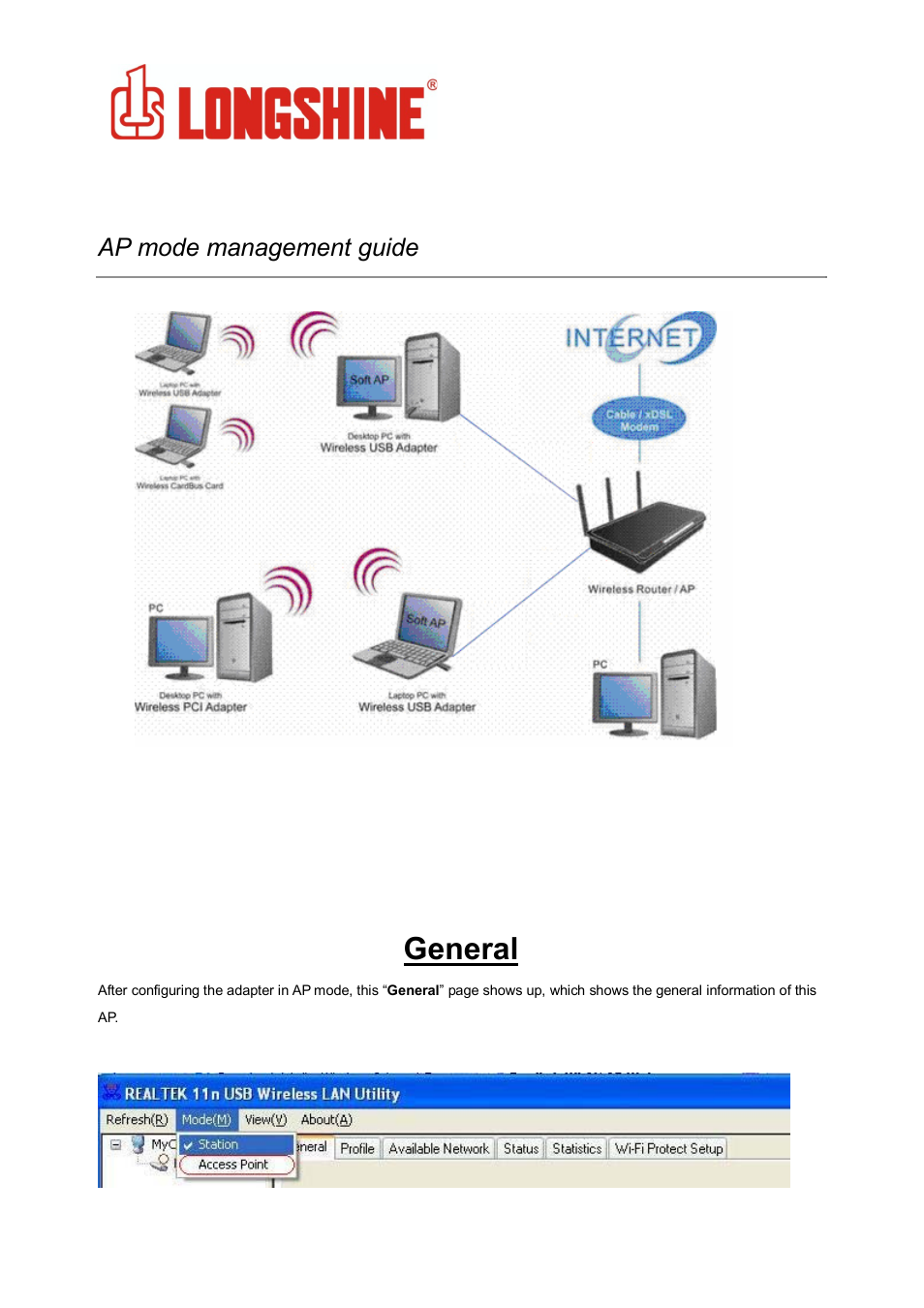 General, Wlan general, Ap mode management guide | Longshine LCS-8131N3 User Manual | Page 30 / 347