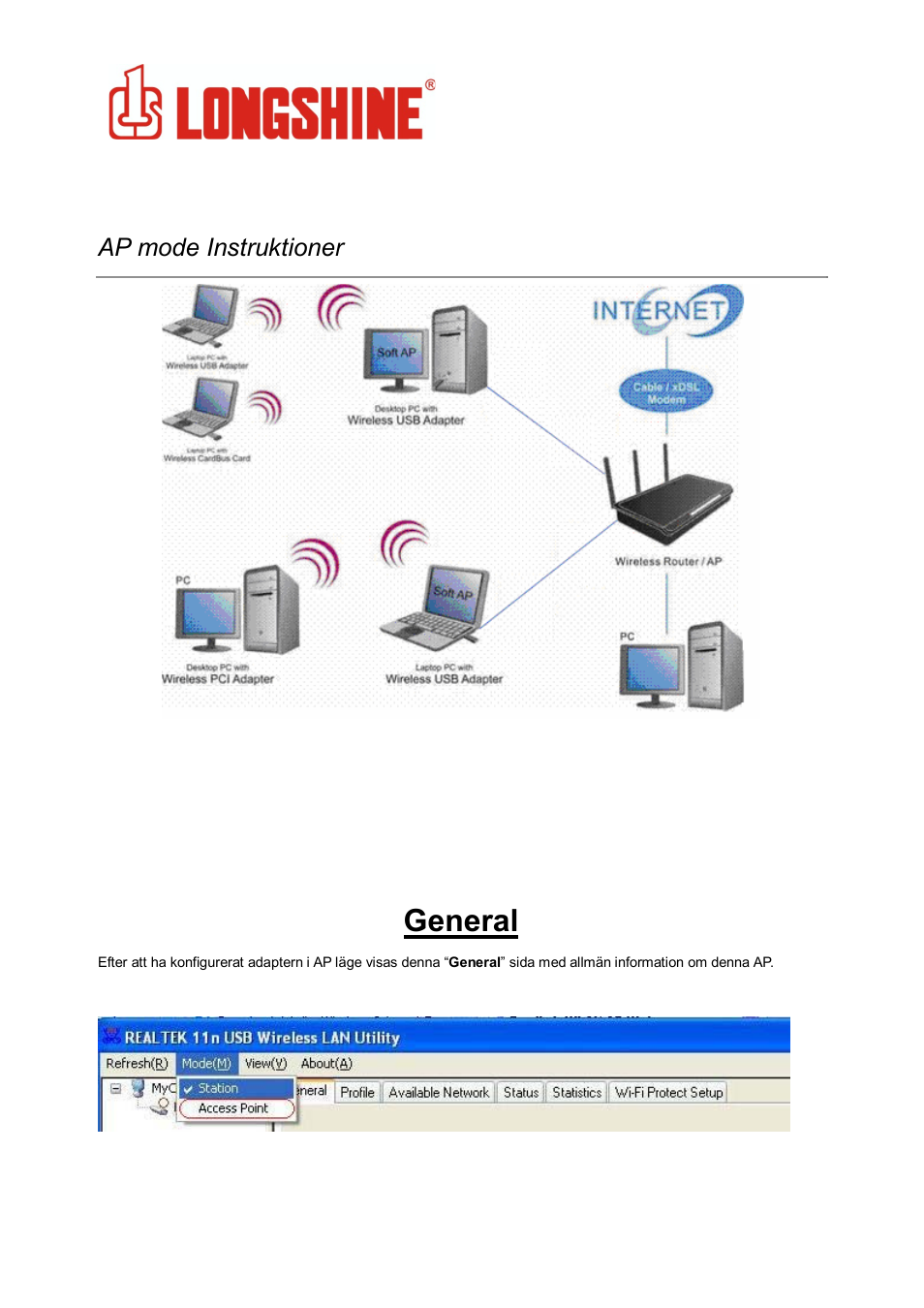 General, Wlan general, Ap mode instruktioner | Longshine LCS-8131N3 User Manual | Page 306 / 347
