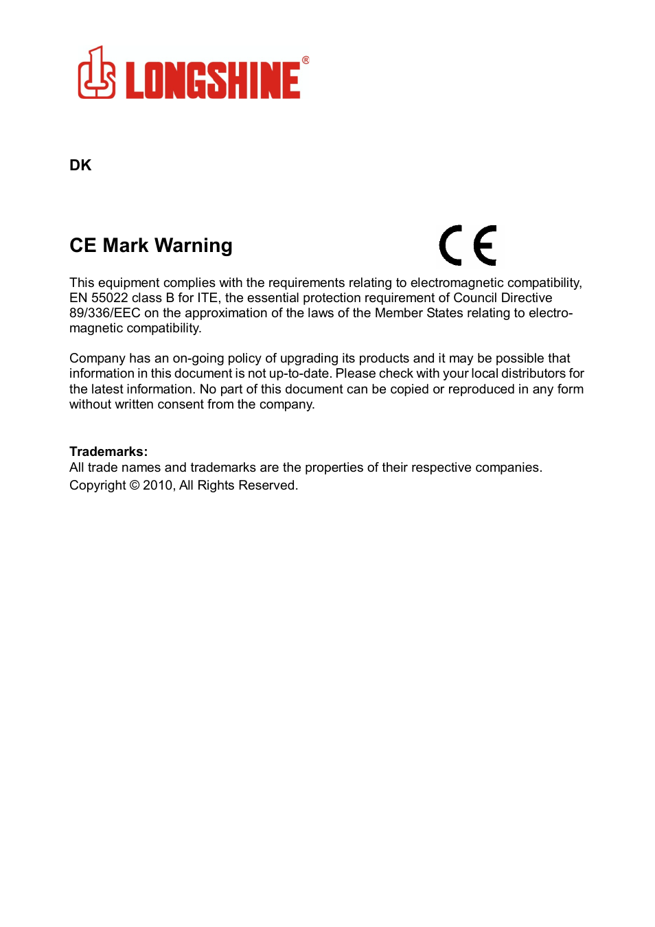 Wlan general, Ce mark warning | Longshine LCS-8131N3 User Manual | Page 312 / 347