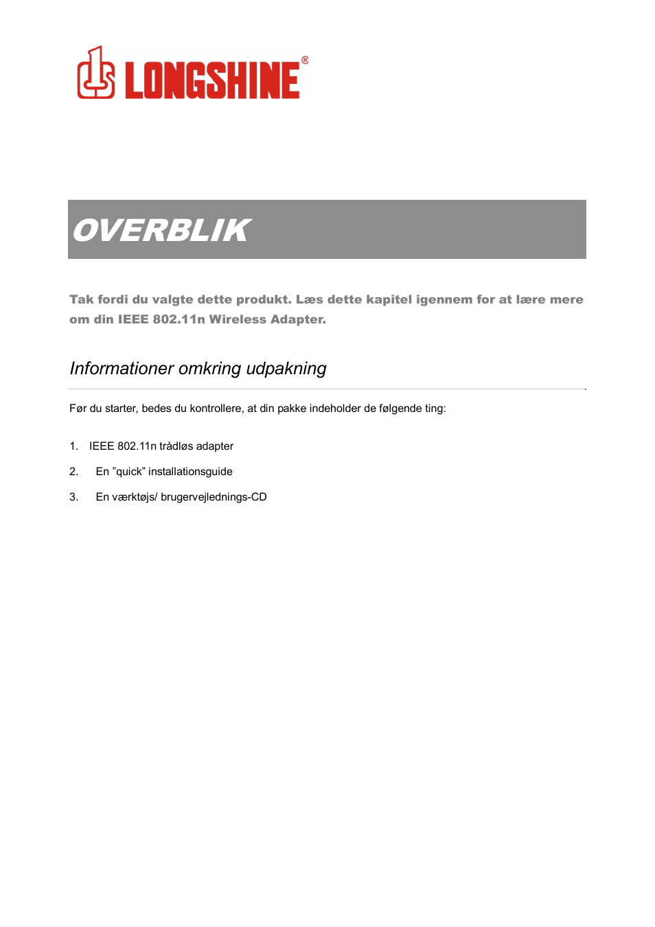 Overblik, Wlan general, Informationer omkring udpakning | Longshine LCS-8131N3 User Manual | Page 313 / 347