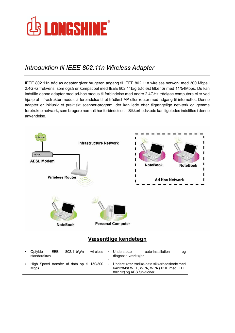 Wlan general, Væsentlige kendetegn | Longshine LCS-8131N3 User Manual | Page 314 / 347