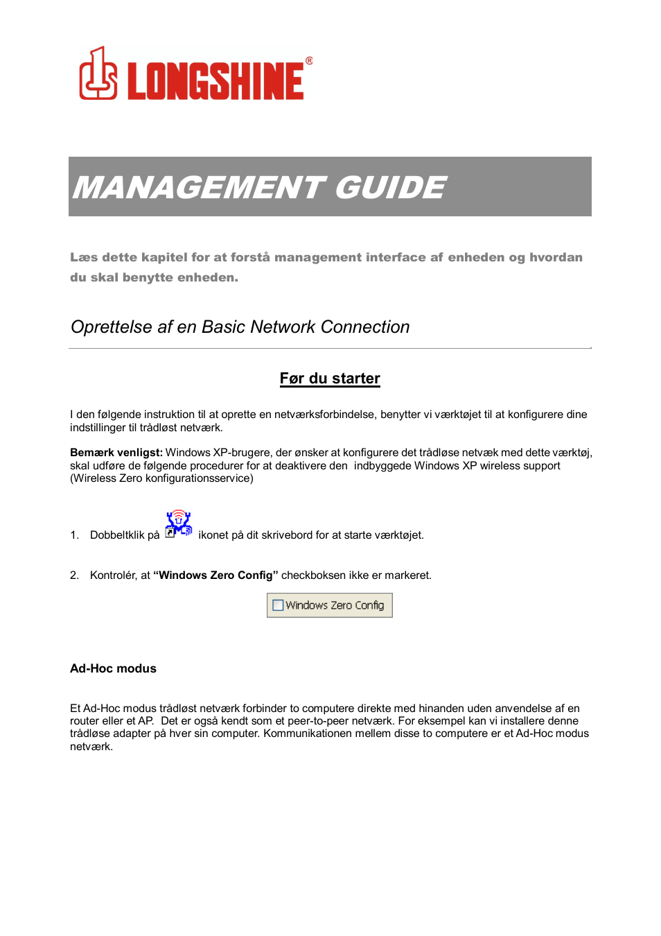 Management guide, Wlan general, Oprettelse af en basic network connection | Longshine LCS-8131N3 User Manual | Page 321 / 347