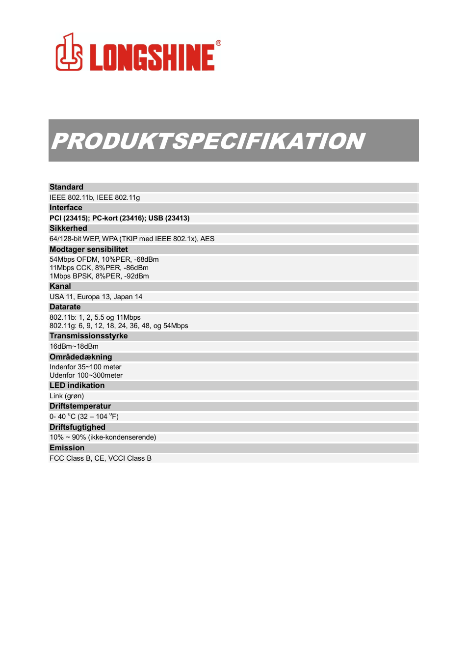 Produktspecifikation, Wlan general | Longshine LCS-8131N3 User Manual | Page 345 / 347
