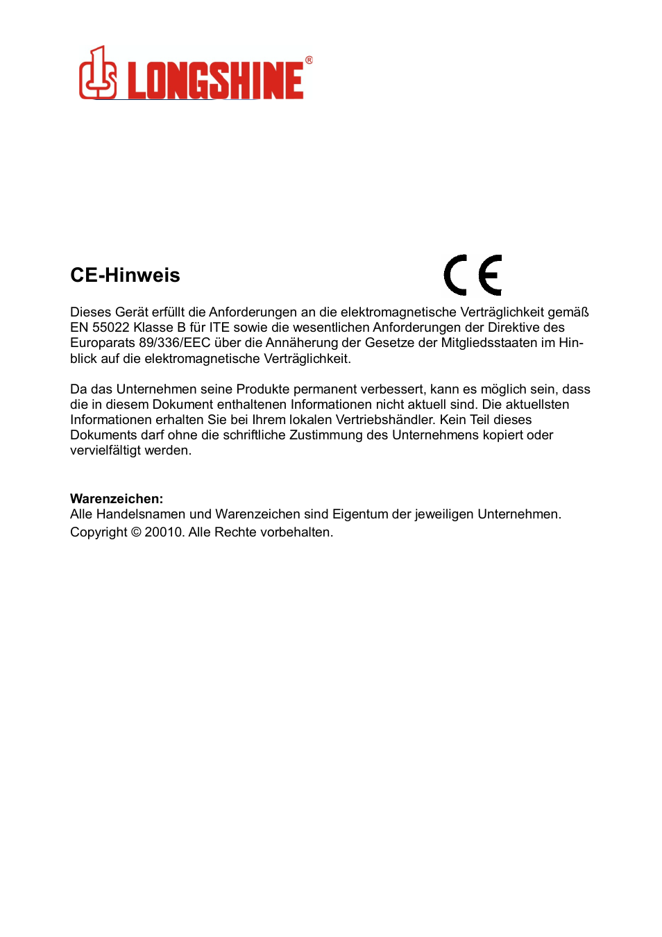 Wlan general, Ce-hinweis | Longshine LCS-8131N3 User Manual | Page 36 / 347