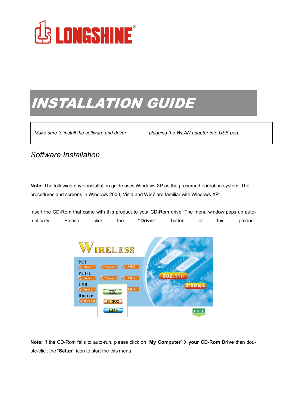 Installation guide, Wlan general, Software installation | Longshine LCS-8131N3 User Manual | Page 6 / 347