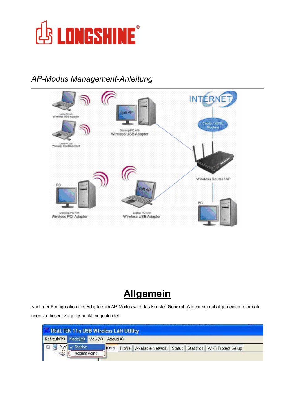 Allgemein, Wlan general, Ap-modus management-anleitung | Longshine LCS-8131N3 User Manual | Page 65 / 347