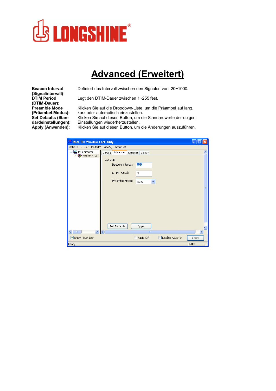 Advanced (erweitert), Wlan general | Longshine LCS-8131N3 User Manual | Page 67 / 347