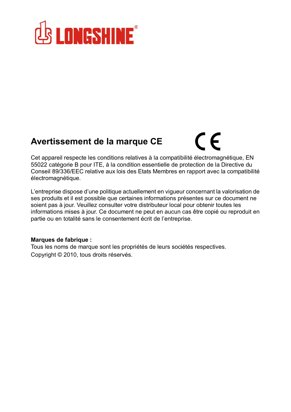 Wlan general, Avertissement de la marque ce | Longshine LCS-8131N3 User Manual | Page 71 / 347