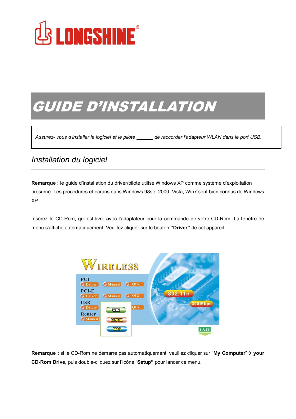 Guide d’installation, Wlan general, Installation du logiciel | Longshine LCS-8131N3 User Manual | Page 75 / 347