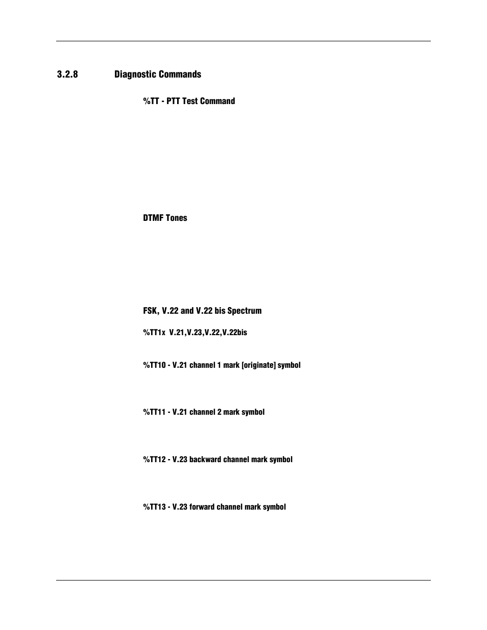 8 diagnostic commands, Tt - ptt test command, Dtmf tones | Fsk, v.22 and v.22 bis spectrum, Tt1x v.21,v.23,v.22,v.22bis, Tt10 - v.21 channel 1 mark [originate] symbol, Tt11 - v.21 channel 2 mark symbol, Tt12 - v.23 backward channel mark symbol, Tt13 - v.23 forward channel mark symbol | Longshine LCS-8156C1 User Manual | Page 102 / 194