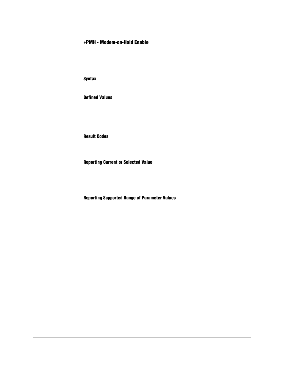 Pmh - modem-on-hold enable, Syntax, Defined values | Result codes, Reporting current or selected value, Reporting supported range of parameter values | Longshine LCS-8156C1 User Manual | Page 111 / 194