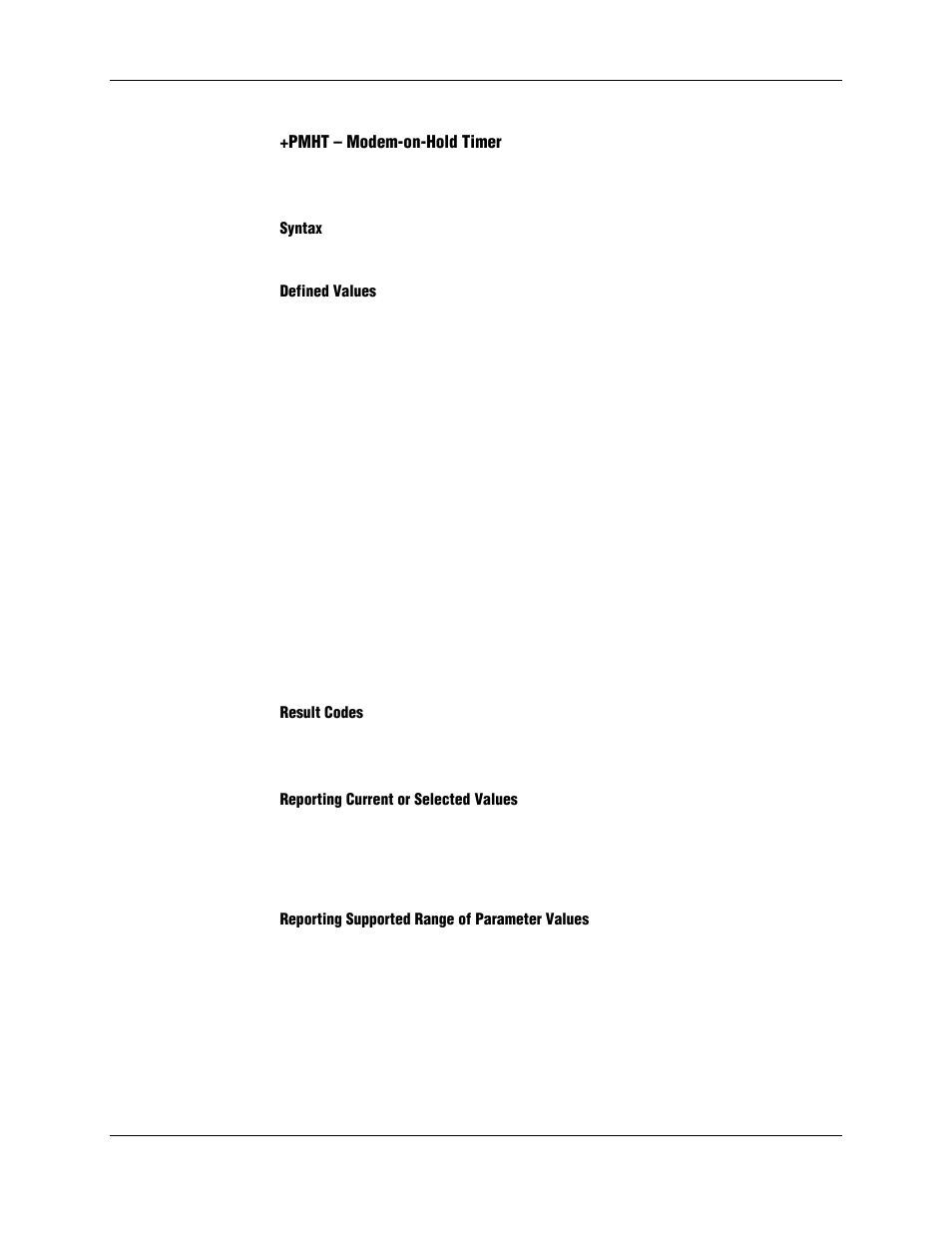 Pmht – modem-on-hold timer, Syntax, Defined values | Result codes, Reporting current or selected values, Reporting supported range of parameter values | Longshine LCS-8156C1 User Manual | Page 112 / 194