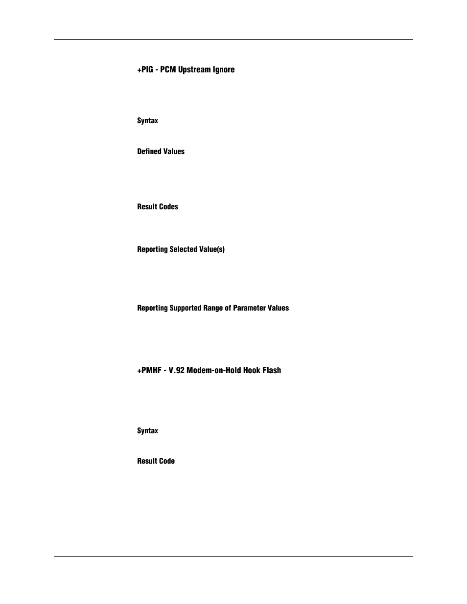 Pig - pcm upstream ignore, Syntax, Defined values | Result codes, Reporting selected value(s), Reporting supported range of parameter values, Pmhf - v.92 modem-on-hold hook flash, Result code | Longshine LCS-8156C1 User Manual | Page 114 / 194