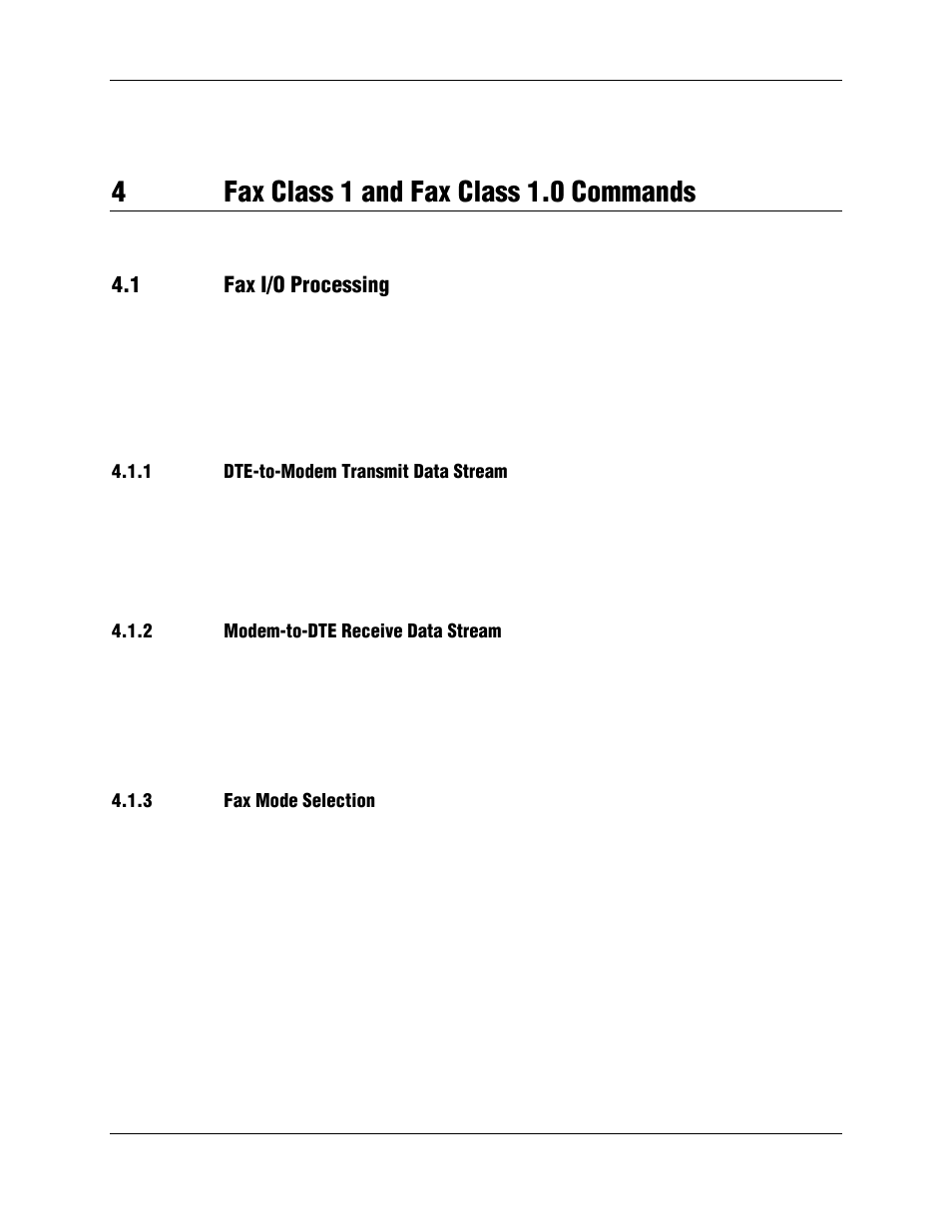 4 fax class 1 and fax class 1.0 commands, 1 fax i/o processing, 1 dte-to-modem transmit data stream | 2 modem-to-dte receive data stream, 3 fax mode selection, Select facsimile class 1 mode. (section 4), 4fax class 1 and fax class 1.0 commands | Longshine LCS-8156C1 User Manual | Page 143 / 194